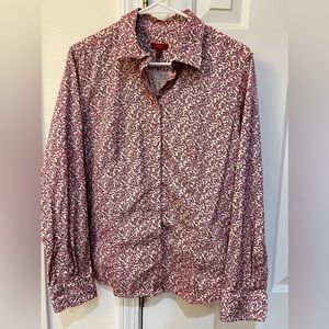 NWOT TALBOTS HABERDASHERY BLOUSE. Wine floral. Fabric covered buttons. Size 14.